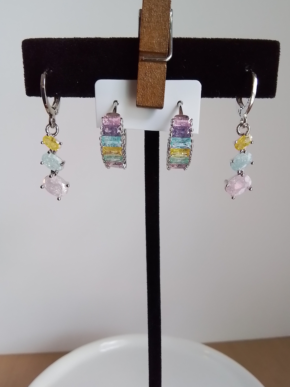 White Gold Plated Multicolor Hoop & Drop Earrings Set - Pastel Gemstones